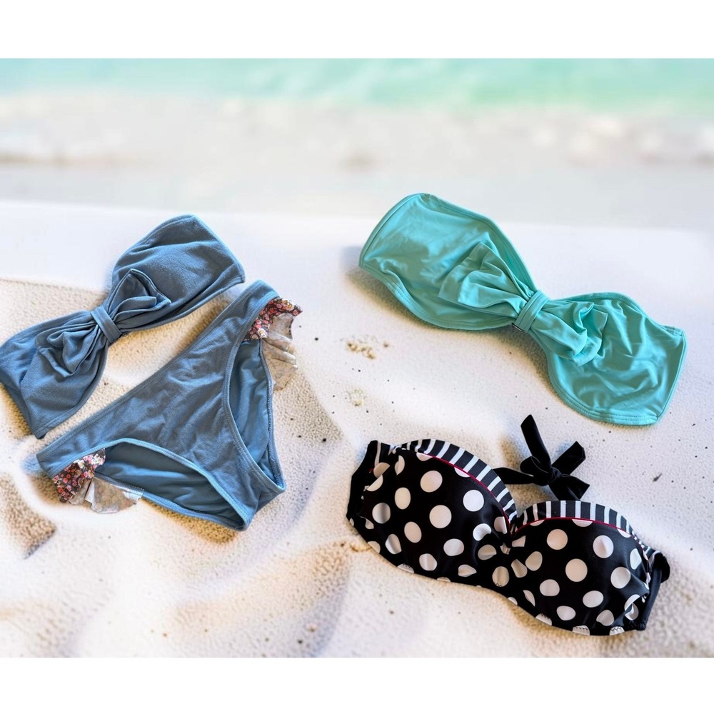 BP Swim Lot 4 Women XL Blue Denim Look Top Bottom 2 Bandeau Top Mint & Polka Dot